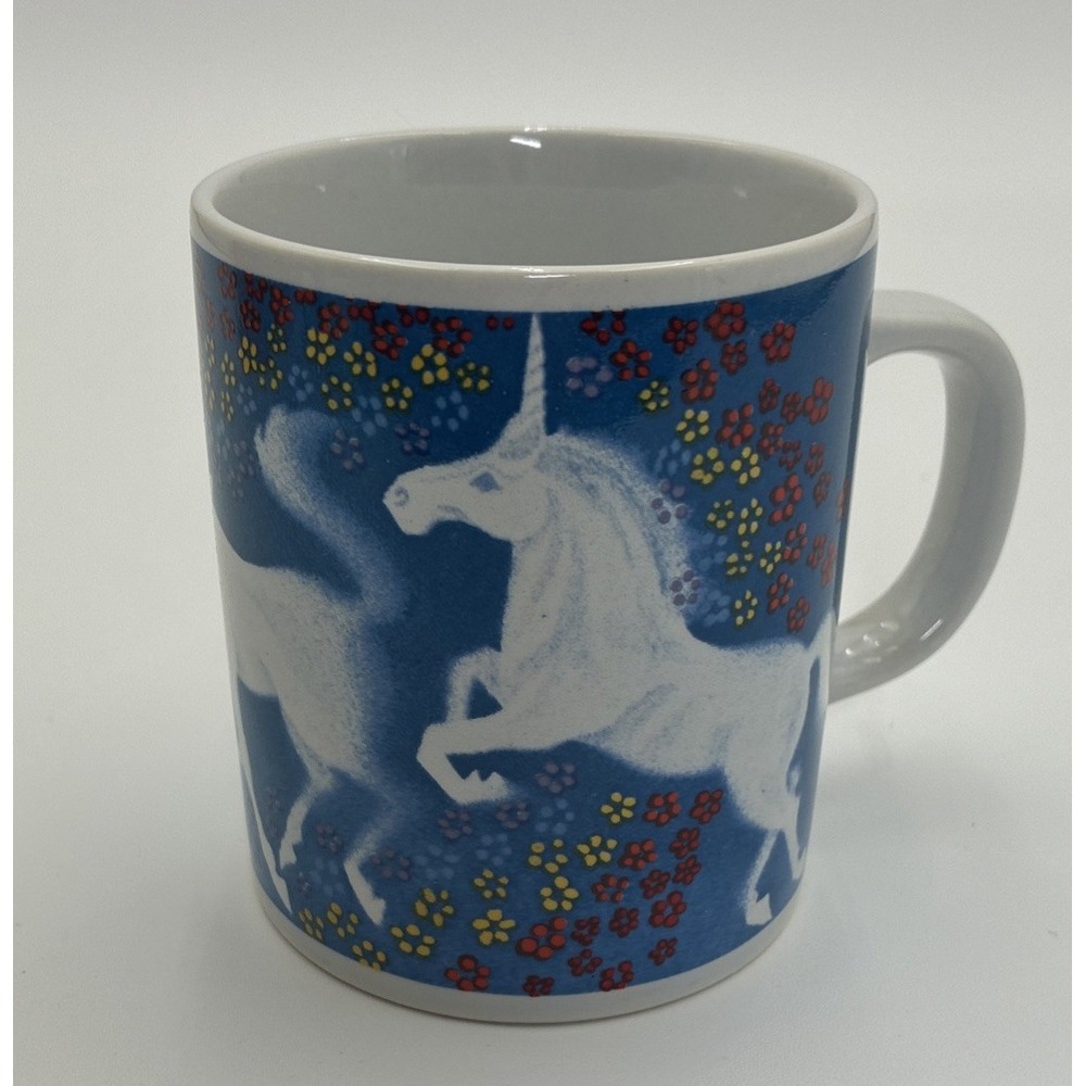 Vtg  80's Norcrest Unicorn Mug Blue Floral Ceramic Coffee Cup Crafted in Japan
